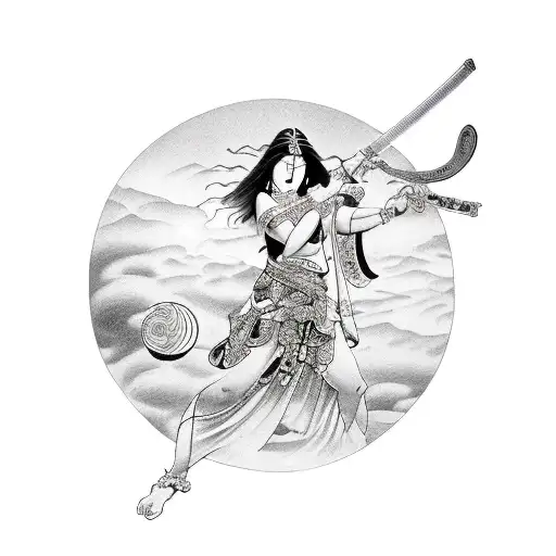 Goddess Aphrodite holding a samurai sword with the planet Venus in her other hand, black and white, realistic tattoo design idea