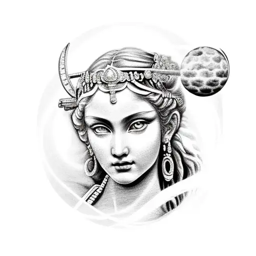 Goddess Aphrodite holding a samurai sword with the planet Venus in her other hand, black and white, realistic tattoo design idea