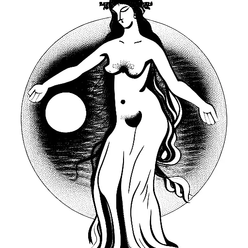 Goddess Aphrodite holding a samurai sword with the planet Venus in her other hand, black and white, realistic tattoo design idea