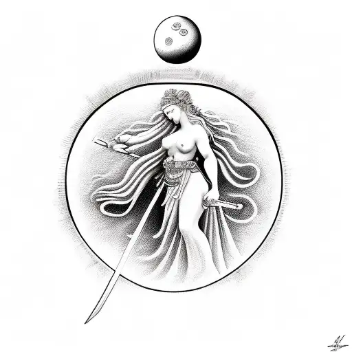 Goddess Aphrodite holding a samurai sword with the planet Venus in her other hand, black and white, realistic tattoo design idea