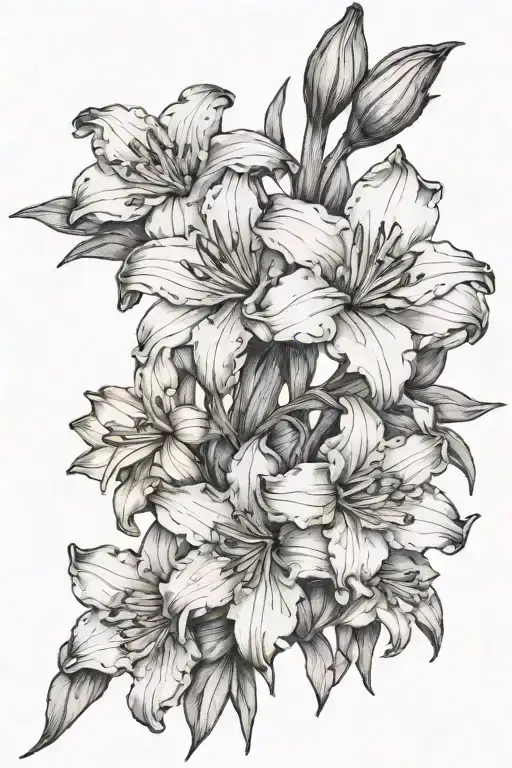 Violet Lily and Narcissus bouquet fine line tattoo design idea