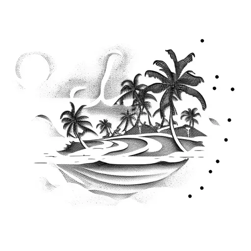 Island with waved and palm trees tattoo design idea