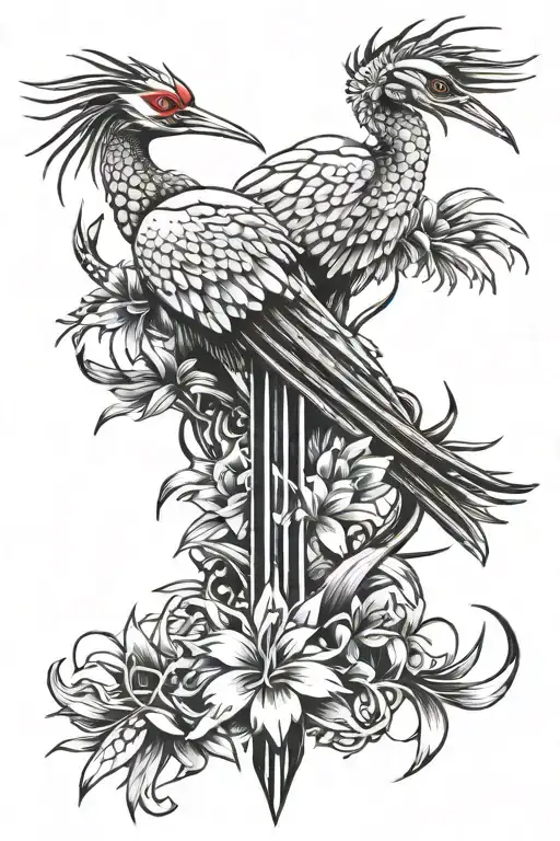 Cranes snake and lycoris samurai katana tattoo design idea