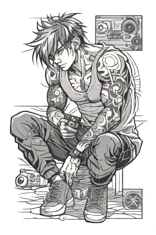 anime guy looking forward with gamepad watching WWE wrestling  tattoo design idea