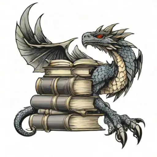 A wyvern guarding a stack of books tattoo design idea