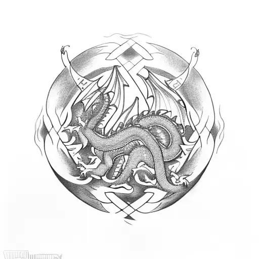A dragon intertwined with a nordic symbol, representing the balance of power and wisdom tattoo design idea