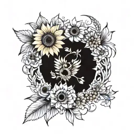 sunflower and maga flower wreath  tattoo design idea
