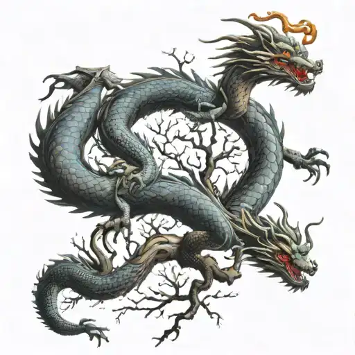 Chinese tattoo of dragon rapping around tree tattoo design idea