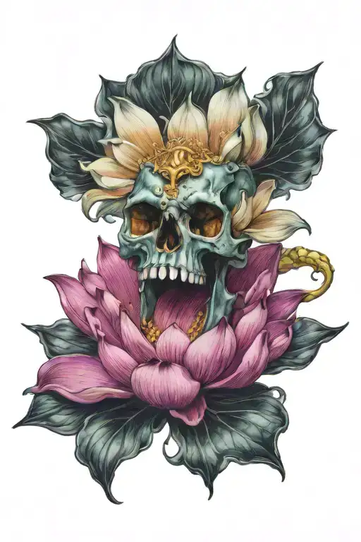   lotus flower blooming from open mouth  candie skull  tattoo design idea