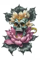   lotus flower blooming from open mouth  candie skull  tattoo design idea