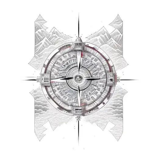 Compass with mountain and world map tattoo design idea