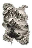 mountains and ocean with a man in between tattoo design idea