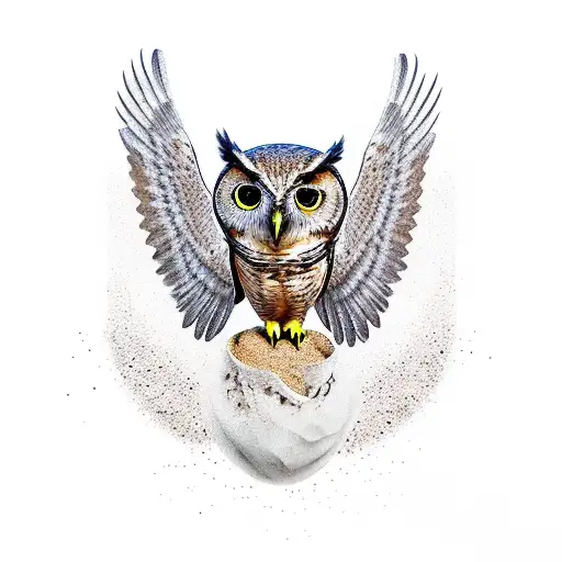 owl speading it's wings. holding hourglass with a crack in it and sand pouring out. tattoo design idea