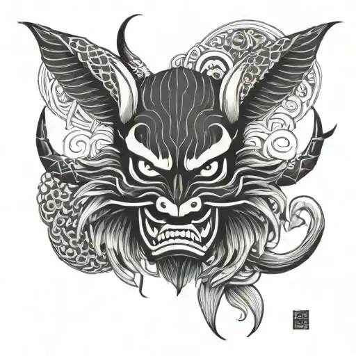 Japanese style devil mask surrounded by carp swimming tattoo design idea