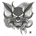 Japanese style devil mask surrounded by carp swimming tattoo design idea