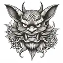 Japanese style devil mask surrounded by carp swimming tattoo design idea