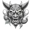 Japanese style devil mask surrounded by carp swimming tattoo design idea