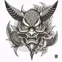 Japanese style devil mask surrounded by carp swimming tattoo design idea