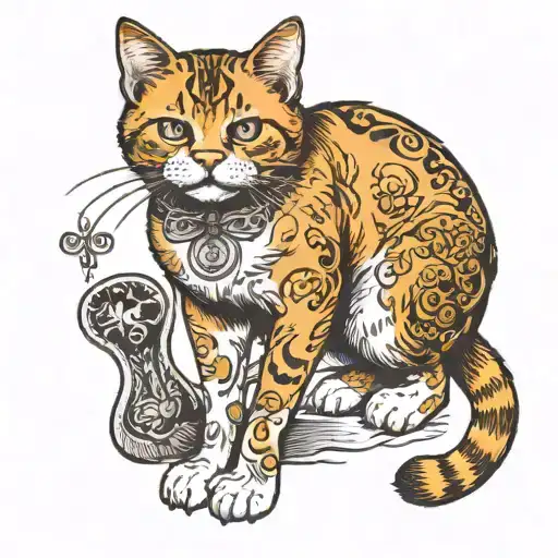 bright ginger cat tatoo standing with white socks and a white belly. make him cute and make him have medium pupils. tattoo design idea