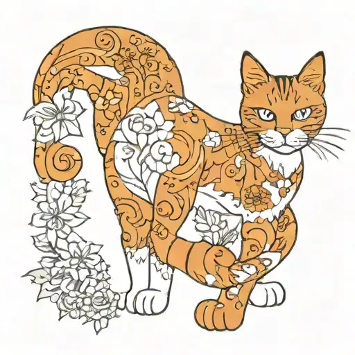 bright ginger cat tatoo standing with white socks and a white belly. make him cute and make him have medium pupils. tattoo design idea