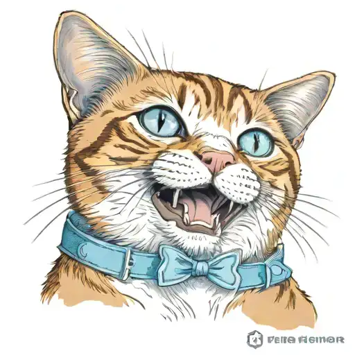 ginger cat tatoo standing with white socks and a white belly with thin baby blue collar, make him short hair tabby. tattoo design idea