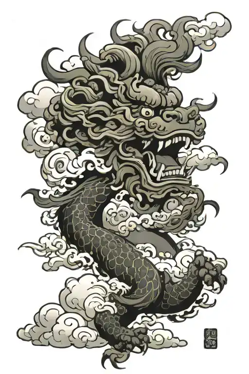 foo dog clouds smoke from mouth tattoo design idea