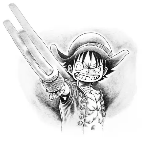 monkey d Luffy and Roronoa Zorro from behind in front of Kilimandjaro right arms in the air tattoo design idea