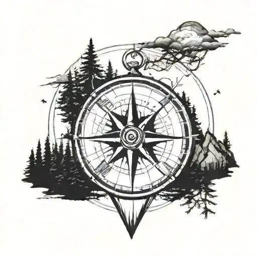 mimimal, rounded simple compass on outside, mountain and trees on half of it, and leave space in the middle for later  tattoo design idea