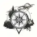 mimimal, rounded simple compass on outside, mountain and trees on half of it, and leave space in the middle for later  tattoo design idea
