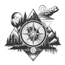 mimimal, rounded simple compass on outside, mountain and trees on half of it, and leave space in the middle for later  tattoo design idea