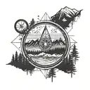 mimimal, rounded simple compass on outside, mountain and trees on half of it, and leave space in the middle for later  tattoo design idea