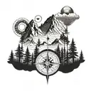 mimimal, rounded simple compass on outside, mountain and trees on half of it, and leave space in the middle for later  tattoo design idea