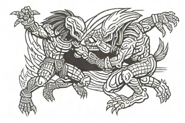 predator punching an alien in a mayan art style tattoo design idea