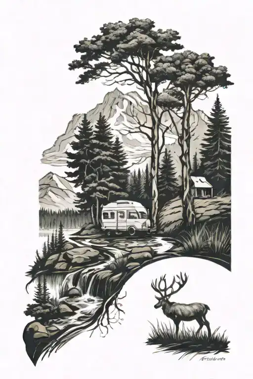 forest in the background and stream and deer and caravan traveling tattoo design idea