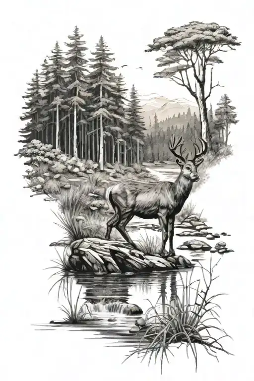 forest in the background and stream and roe deer tattoo design idea