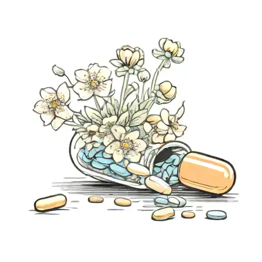 pill capsul open with flowers blooming out  tattoo design idea