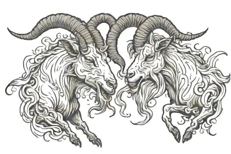 A dynamic tattoo design featuring two goats colliding in a fierce battle, colliding there head together  tattoo design idea