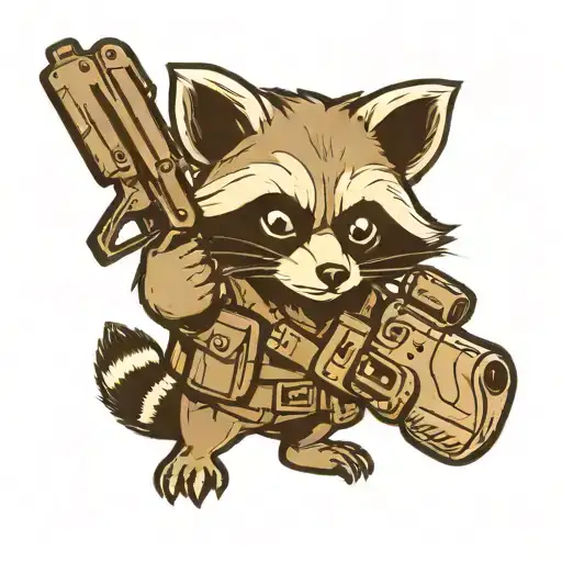 a blackwork tattoo sketch of a raccoon holding a gun, depicted in full body. The design should not be overly detailed. tattoo design idea