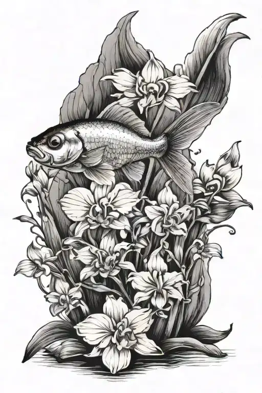 A goldfish surrounded by orchids tattoo design idea