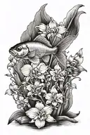 A goldfish surrounded by orchids tattoo design idea