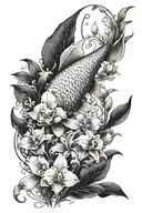 A goldfish surrounded by orchids tattoo design idea