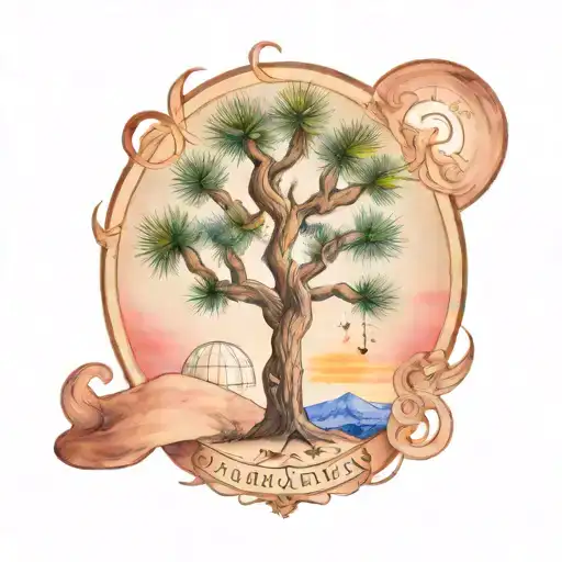 A tattoo design of a majestic Joshua tree with a subtle representation of the Libra scales, blending nature and astrology tattoo design idea