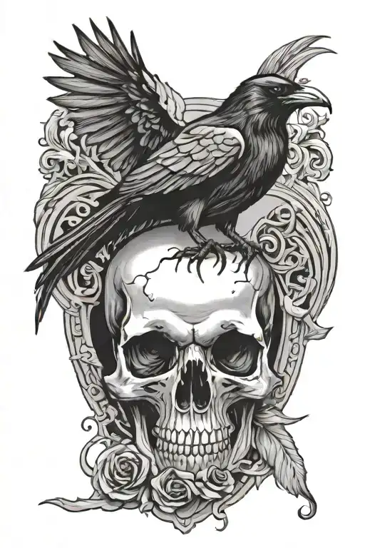 raven standing on top vampire skull tattoo design idea