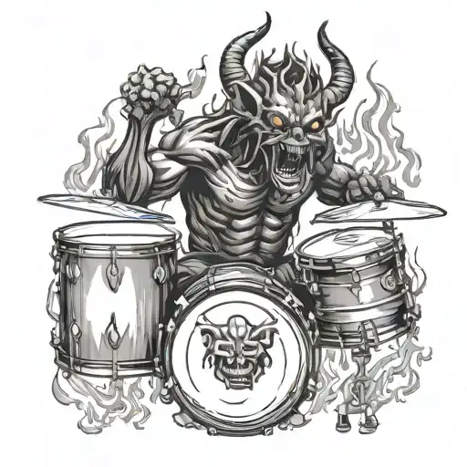 A detailed portrait of a demon playing the drums with flames in the background tattoo design idea
