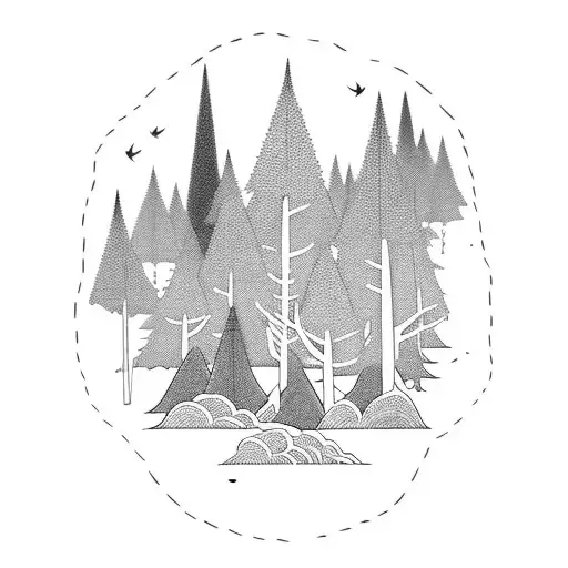 sillhouette of a pine forest with small dragons flying tattoo design idea