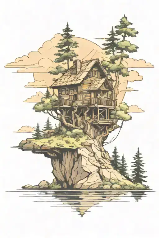 cabin on an island in the middle of a lake with mountains in the background  tattoo design idea