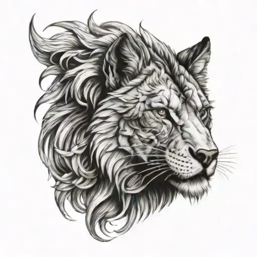 fusion of lion head and wolf head frontal black tattoo design idea