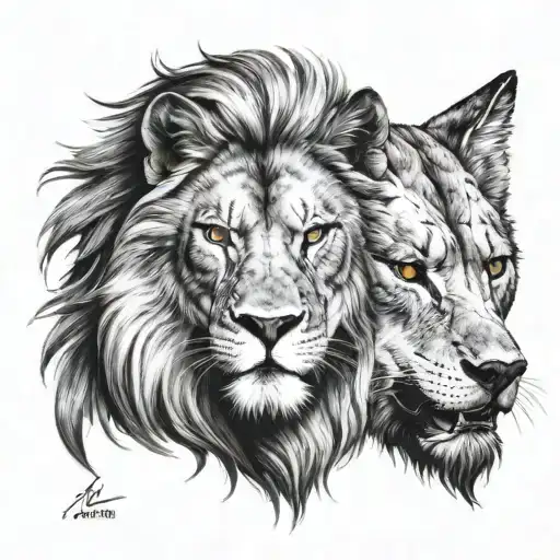fusion of lion head and wolf head frontal black tattoo design idea