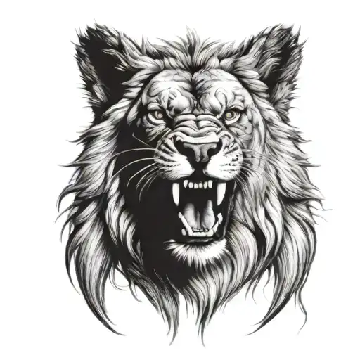 fusion of lion head and wolf head frontal black tattoo design idea