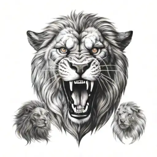 fusion of lion head and wolf head frontal black tattoo design idea